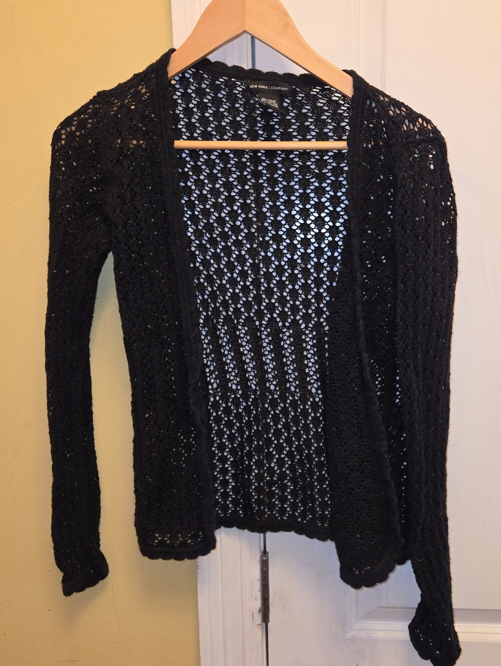NY&C Women's Black Openwork Knit Cardigan Touch Of Sparkle Size Small Open Front